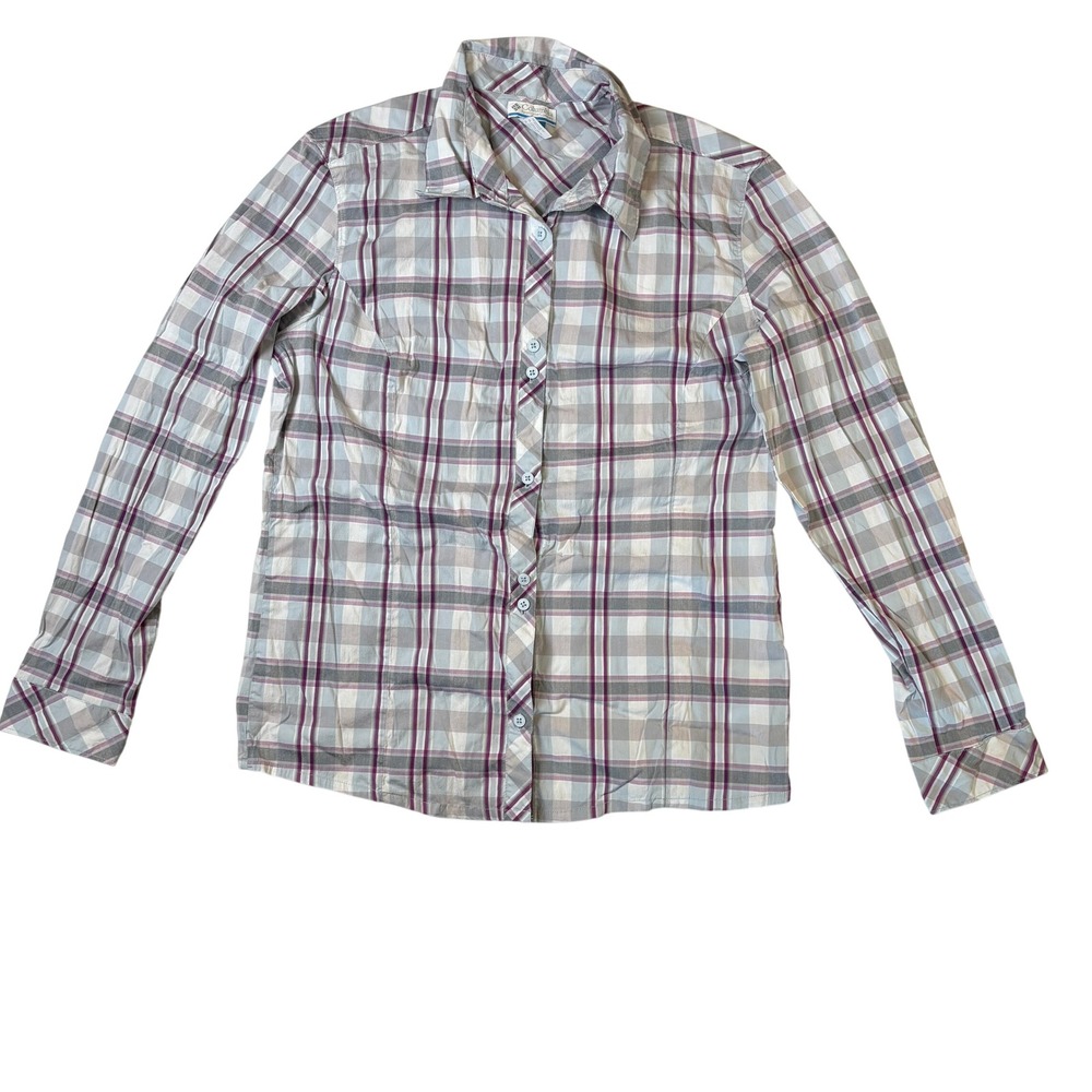 Columbia‎ Womens XL Plaid Button Down Shirt Purple Grey Vented Back Stretch